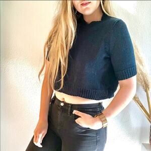 THEORY Manav Turquoise Teal Crop Cropped Woven Knit Pullover Zipper Sweater S